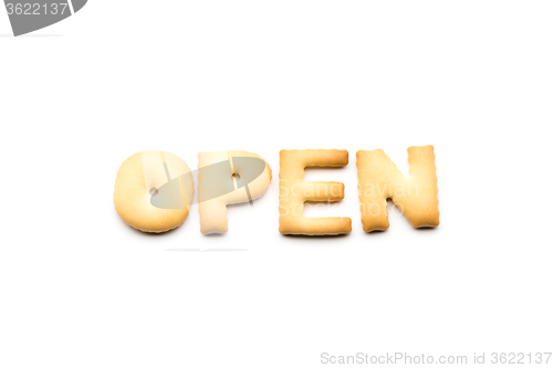 Image of Word open biscuit isolated on white background 