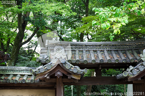 Image of Japanese temple tile roof in park