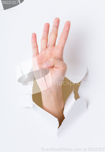 Image of Four finger breaking through paper wall