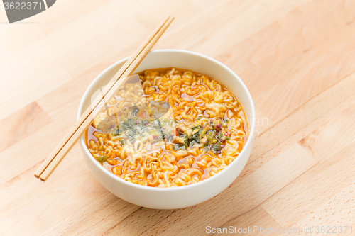 Image of Instant noodles on wood baord