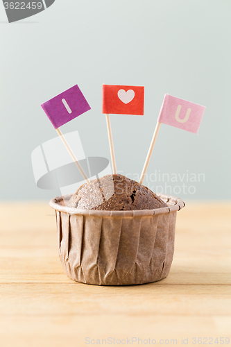 Image of Chocolate muffins with small flag of I Love you