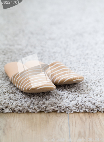 Image of Striped slippers on carpet background