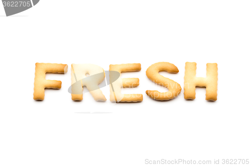 Image of Word fresh biscuit isolated on white background 