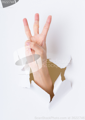 Image of Three finger breaking through paper wall