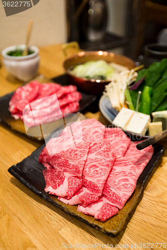 Image of Fresh Beef and pork slices for Sukiyaki