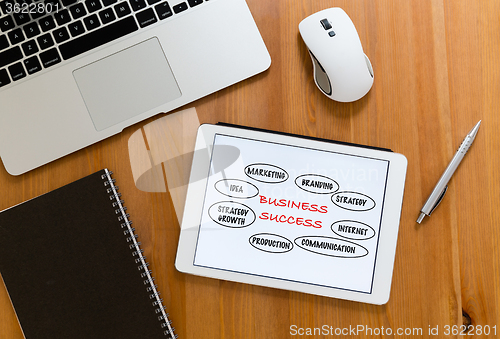 Image of Office table with digital tablet showing marketing success conce