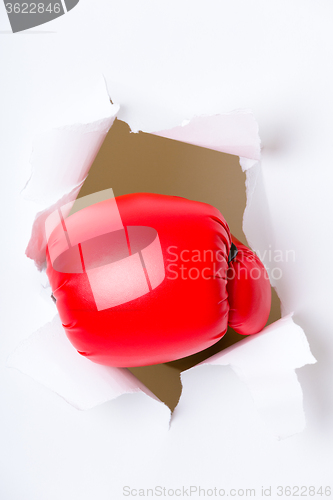 Image of Punching boxing glove though over white paper