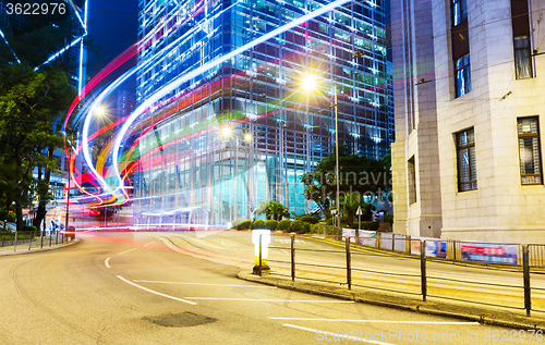 Image of Car light trails and urban landscape in Hong Kong