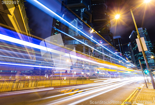 Image of Car light trails and urban landscape in Hong Kong