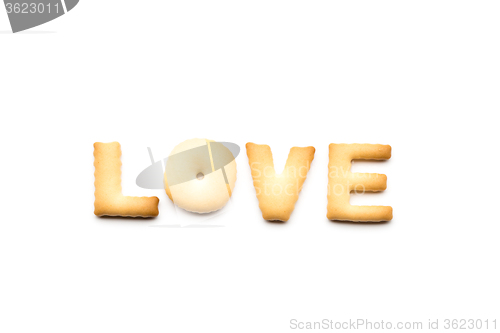 Image of Word love biscuit isolated on white background 
