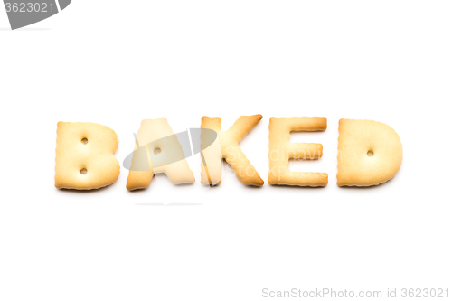 Image of Word baked biscuit isolated on white background 