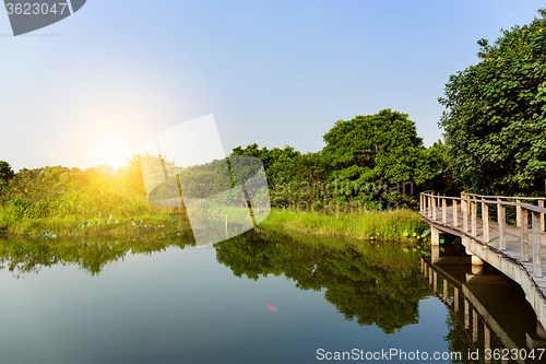 Image of Beautiful sunlight with lake