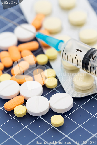 Image of Tablets and syringe on grid mat