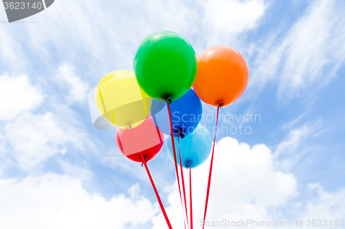 Image of A group of colorful balloons with blue sky background