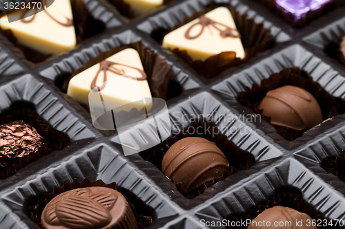 Image of A box of various chocolate pralines