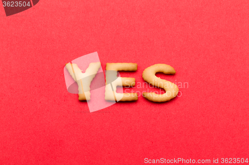 Image of Word yes biscuit over the red background