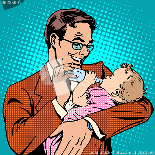 Image of Happy father feeding newborn baby with milk