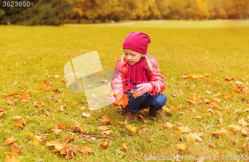 Image of happy little girl colecting autumn maple leaves