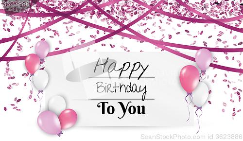 Image of birthday card with balloons and ribbons