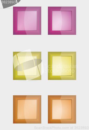 Image of six color square badges or buttons