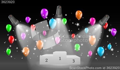 Image of winning podium and lights with balloons