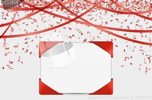 Image of blank card with confetti and ribbons