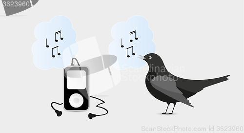 Image of music device with headphones and bird