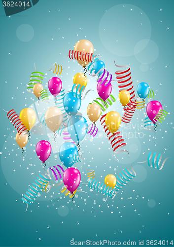 Image of flying balloons on blue background