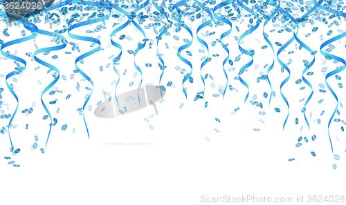 Image of blue confetti and ribbons