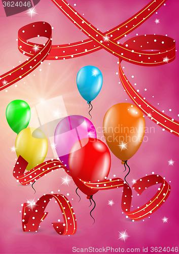 Image of flying balloons on red background