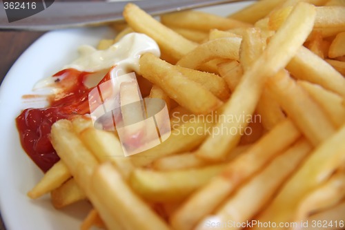 Image of French fries with condiments