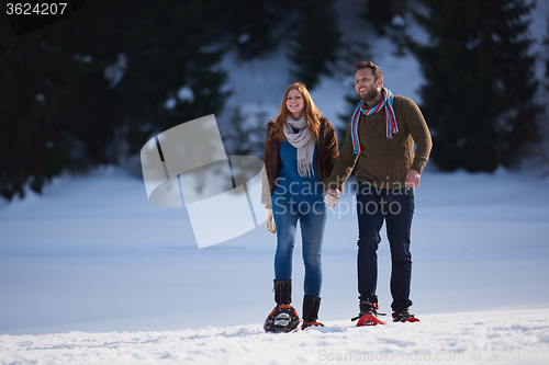 Image of couple having fun and walking in snow shoes