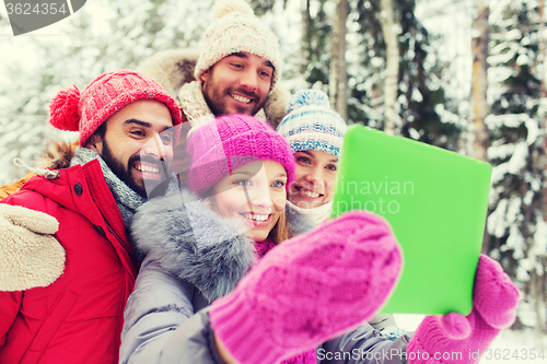 Image of smiling friends with tablet pc in winter forest