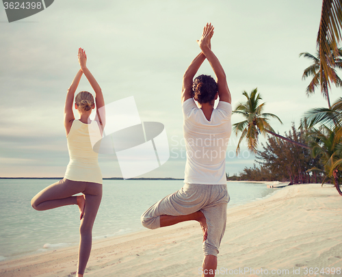 Image of couple making yoga exercises on beach from back