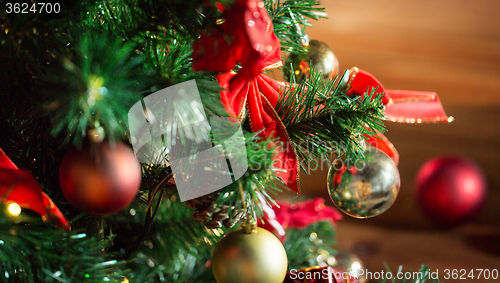 Image of close up of christmas tree decorated with balls