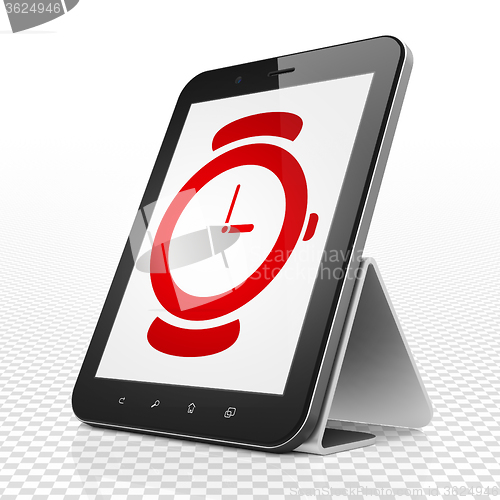 Image of Time concept: Tablet Computer with Hand Watch on display