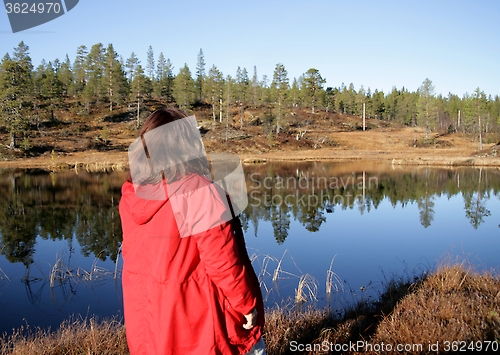 Image of Woman by a reflective tarn