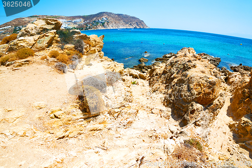 Image of in greece the mykonos island rock sea and beach blue   sky