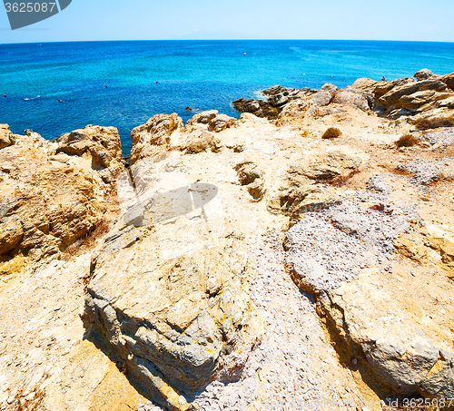 Image of in greece the mykonos island rock sea and beach blue   sky