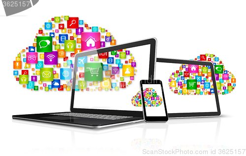 Image of Cloud computing symbol and computer set