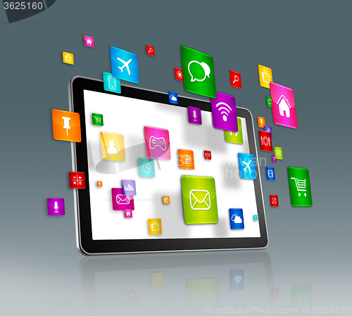 Image of Digital Tablet and flying apps icons