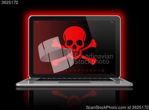 Image of Laptop with a pirate flag on screen. Hacking concept