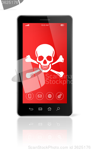 Image of smartphone with a pirate symbol on screen. Hacking concept