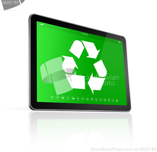 Image of Digital tablet PC with a recycling symbol on screen. environment