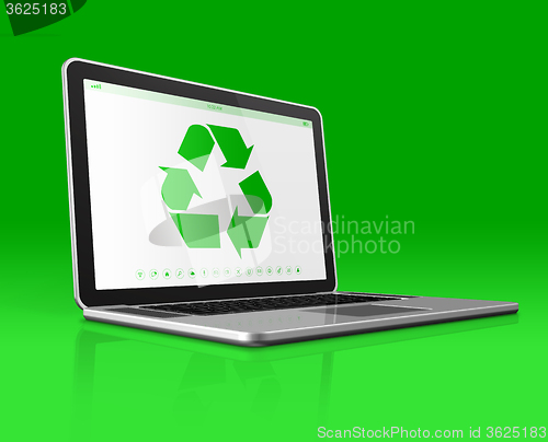 Image of Laptop with a recycling symbol on screen. environmental conserva