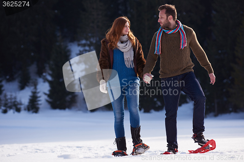 Image of couple having fun and walking in snow shoes