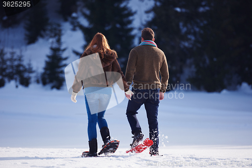Image of couple having fun and walking in snow shoes