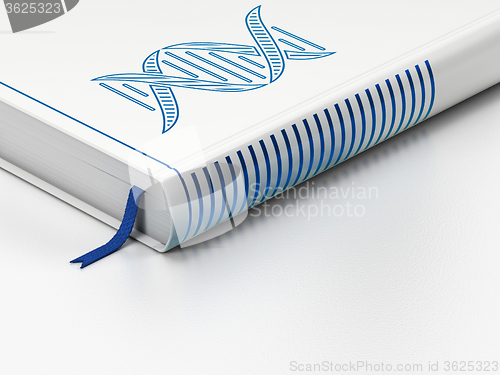 Image of Science concept: closed book, DNA on white background