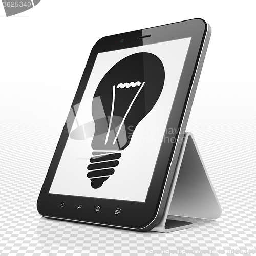 Image of Business concept: Tablet Computer with Light Bulb on display