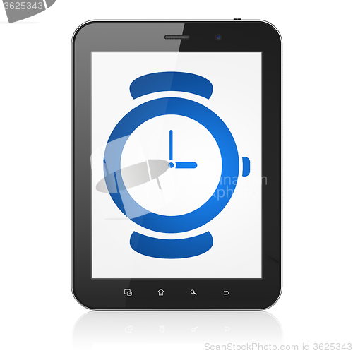 Image of Time concept: Tablet Computer with Hand Watch on display